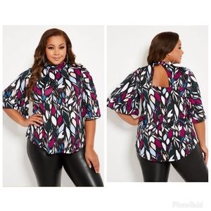 Ashley Stewart Mock Neck Flared Sleeve Prin